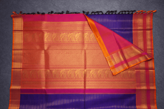 Royal Violet & Fuchsia Pink Silk Saree with Gilded Vertical Stripes