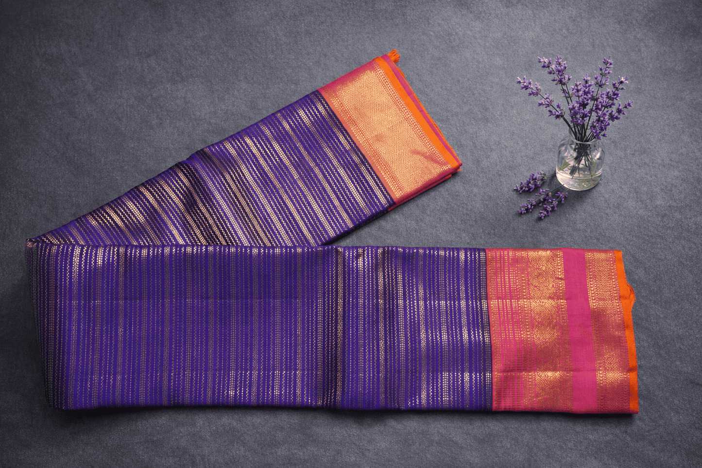 Royal Violet & Fuchsia Pink Silk Saree with Gilded Vertical Stripes