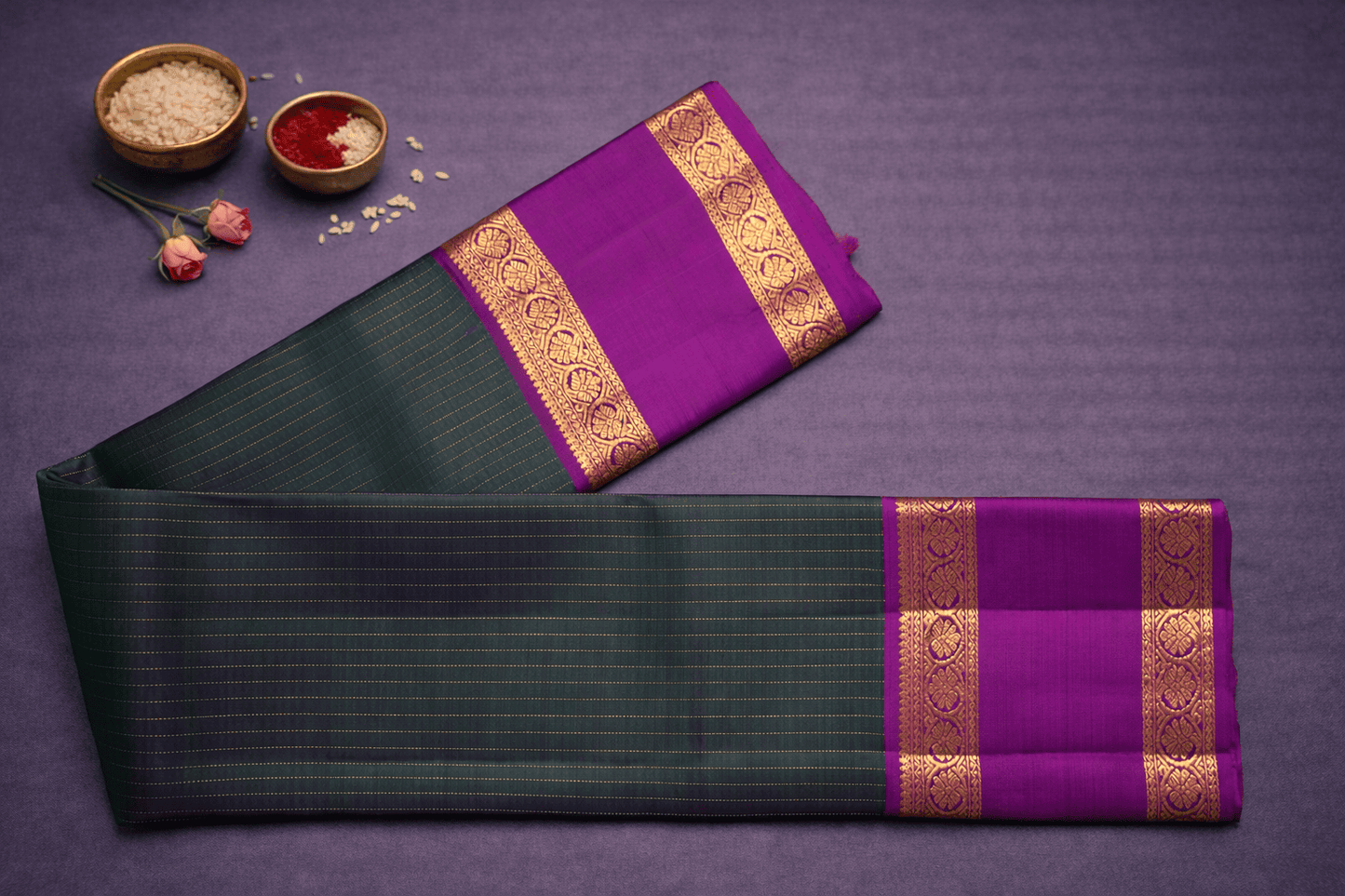 Royal Purple & Emerald Green Kanjivaram Silk Saree with Gold Zari Border