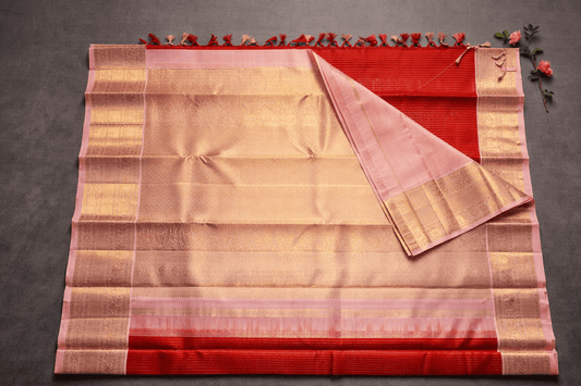 Classic Red & Blush Pink Kanjivaram Silk Saree with Gold Zari Border