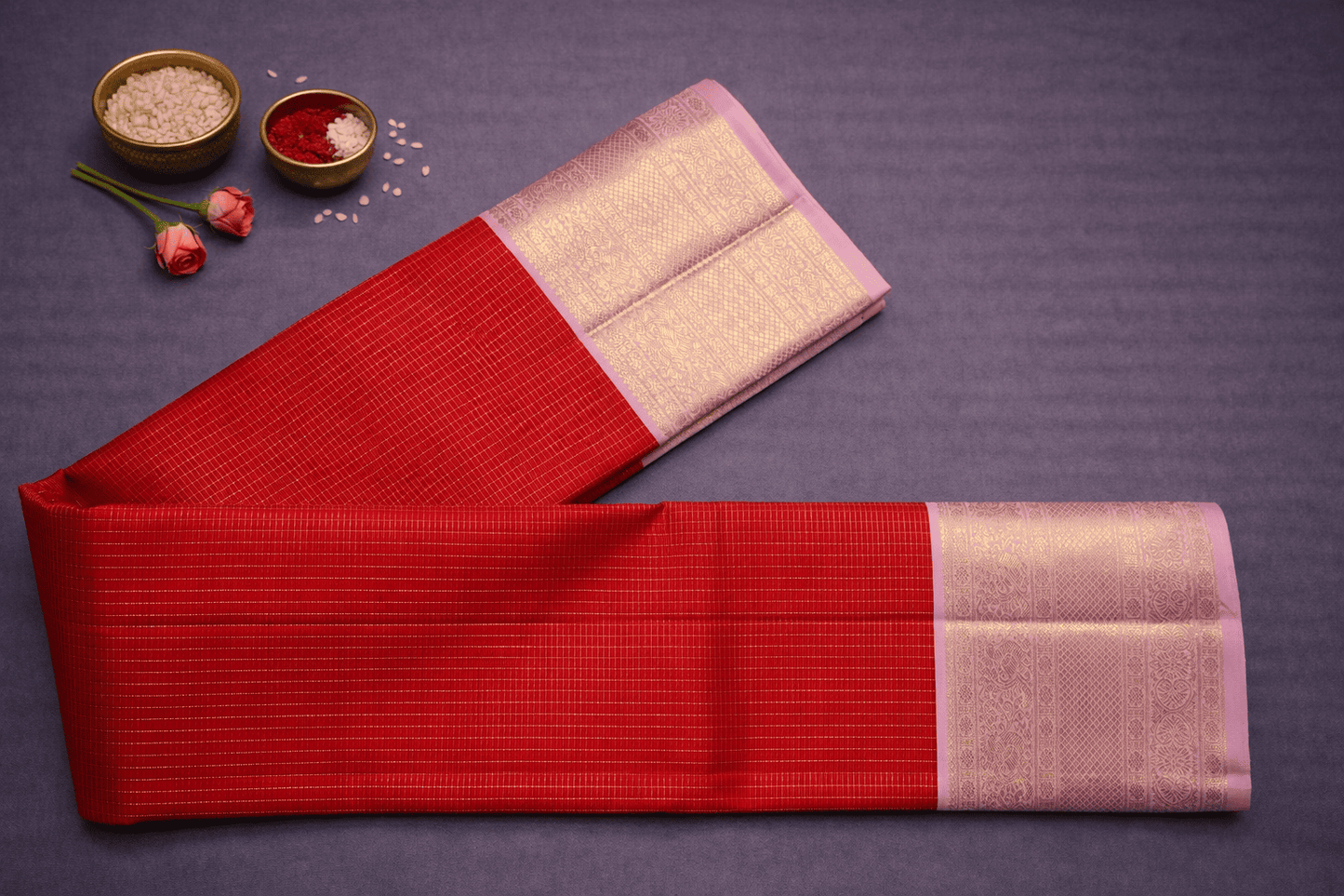 Classic Red & Blush Pink Kanjivaram Silk Saree with Gold Zari Border
