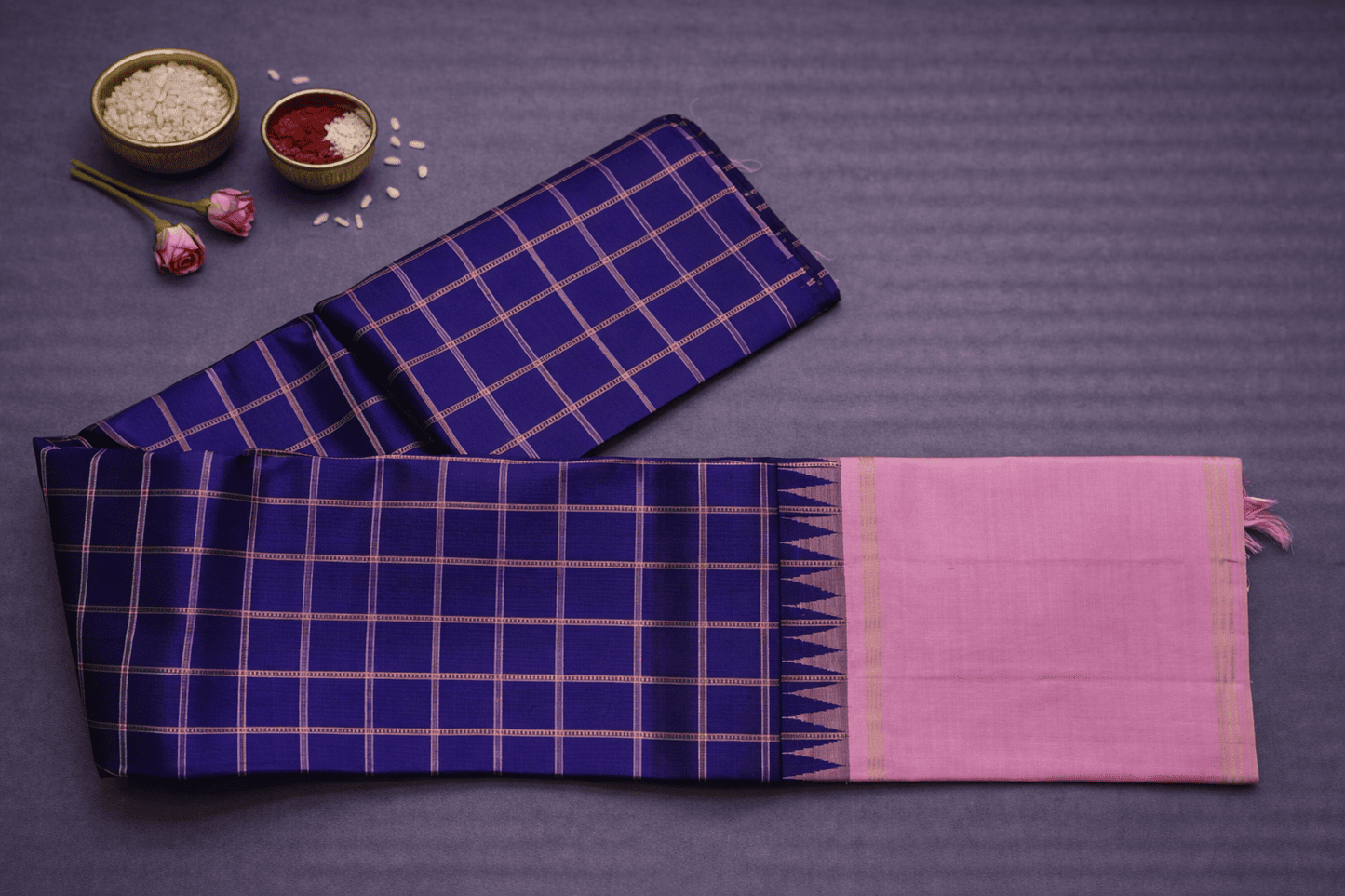 Royal Blue & Soft Pink Kanjivaram Silk Saree with Zari Checks