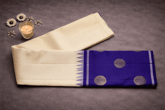 Elegant Cream & Royal Blue Silk Saree with Gold Zari Motifs