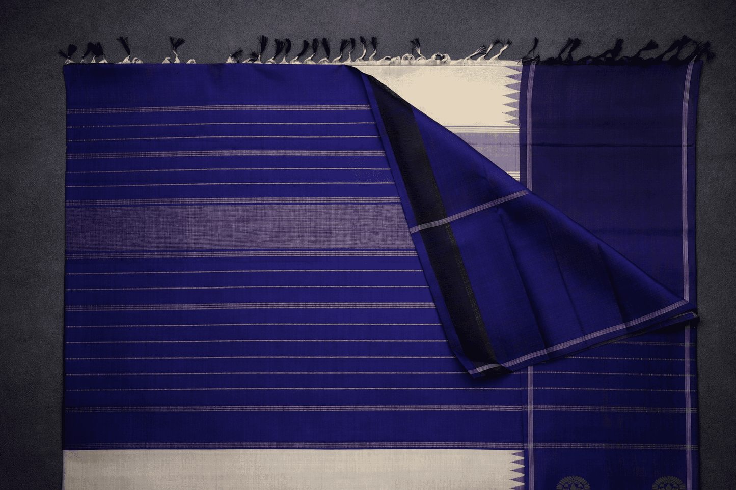 Elegant Cream & Royal Blue Silk Saree with Gold Zari Motifs