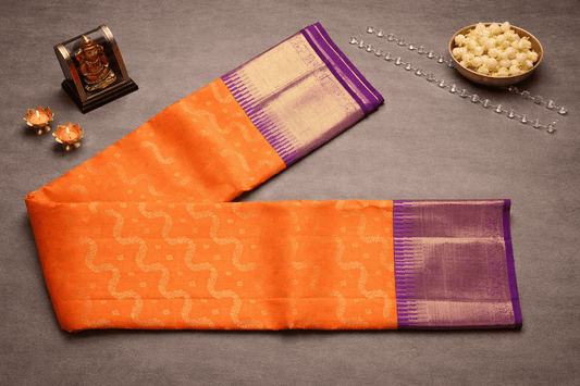 Vibrant Orange & Royal Purple Silk Saree with Gold Zari Weaving