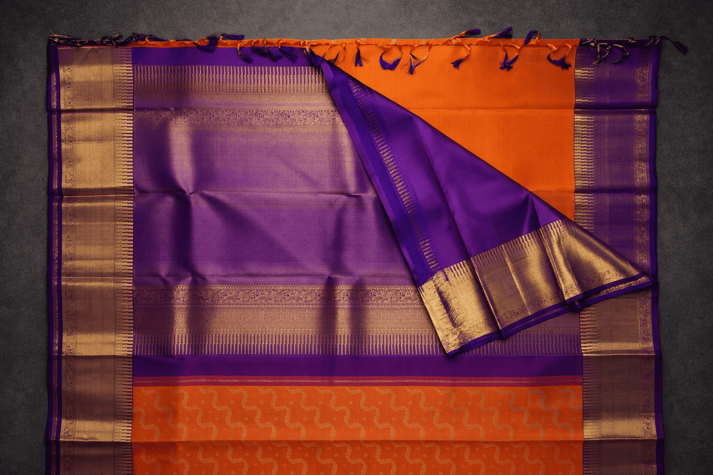 Vibrant Orange & Royal Purple Silk Saree with Gold Zari Weaving