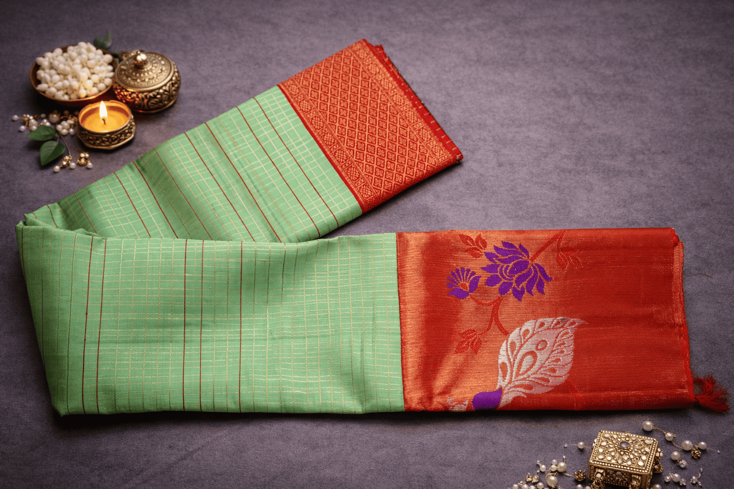 Graceful Mint Green & Rust Orange Silk Saree with Designer Pallu