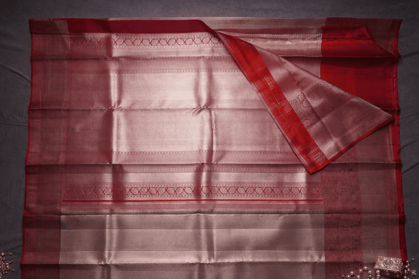 Elegant Rose Gold Silk Saree with Rich Red Zari Border
