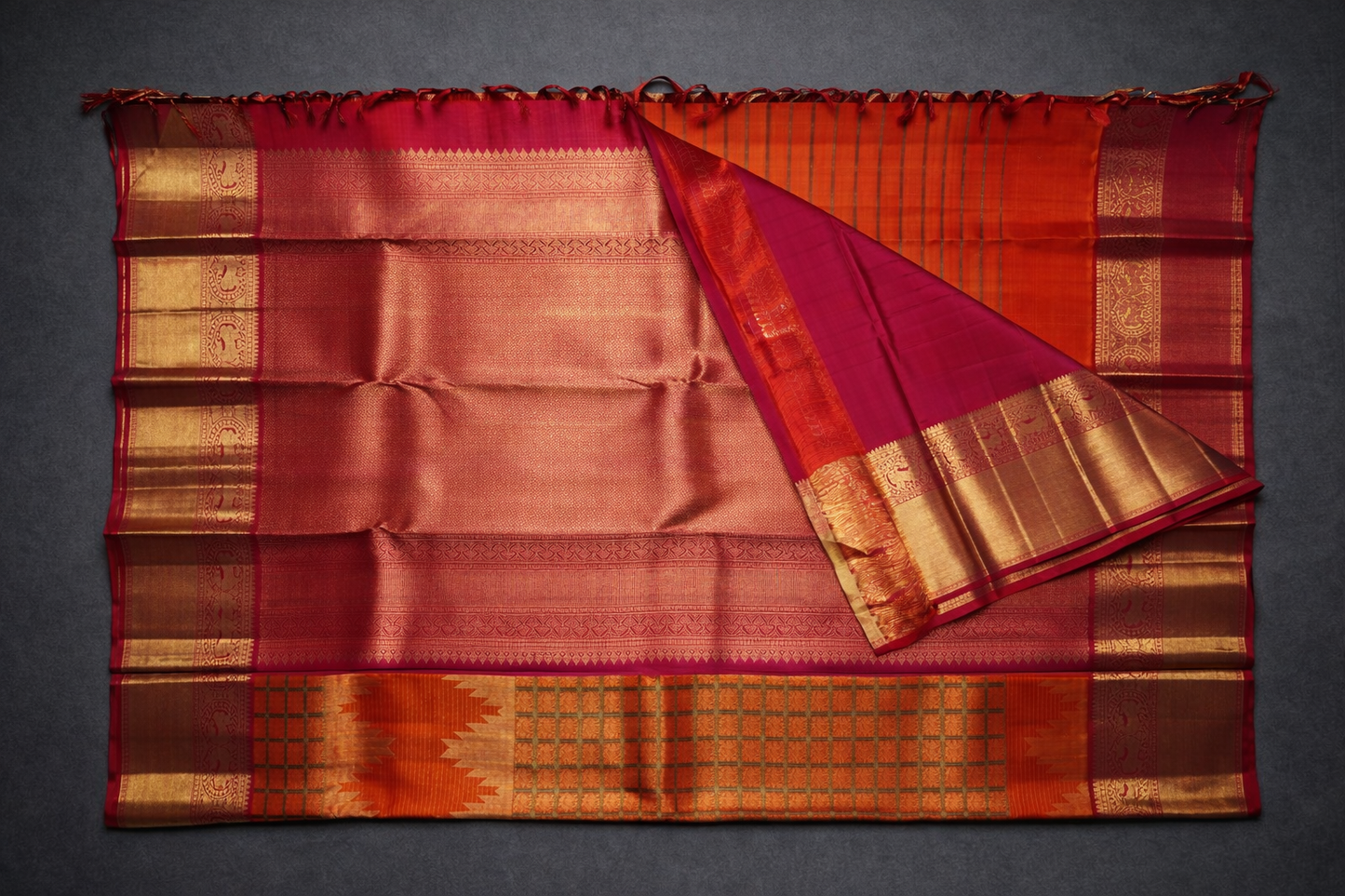 Traditional Orange Kanchipuram Silk Saree with Gold Zari Checks and Rich Red Border