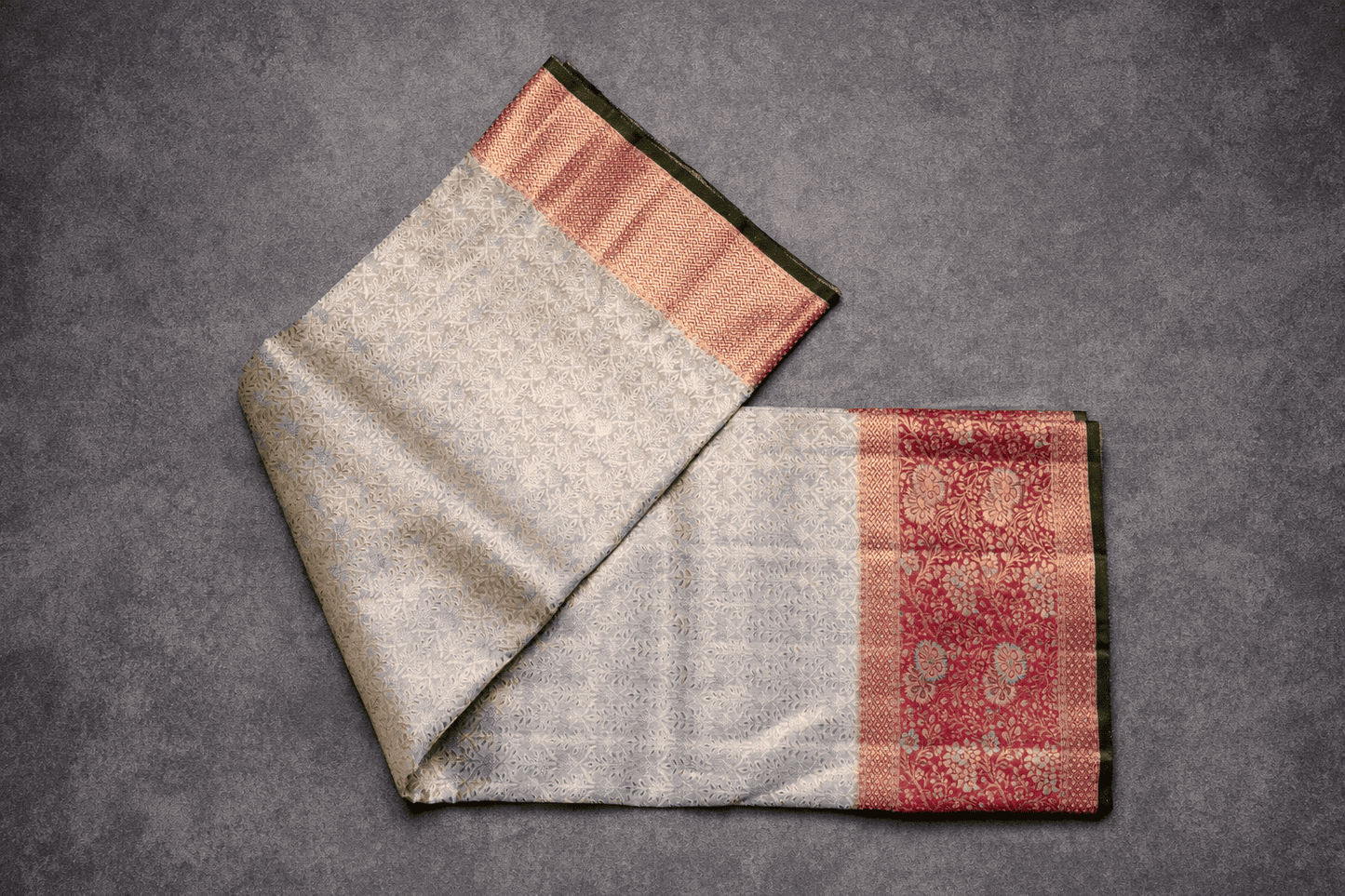 Pastel Green & Rose Pink Floral Zari Silk Saree