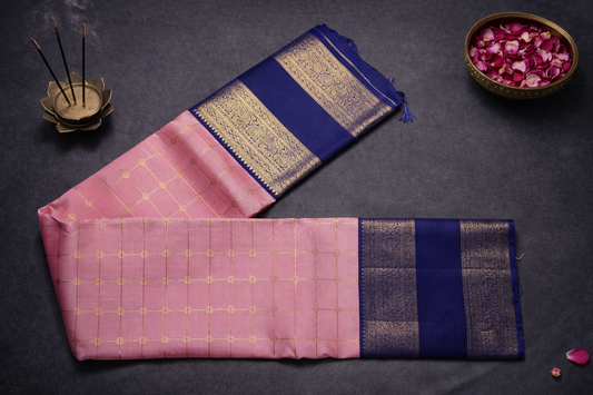 Elegant Pink & Royal Blue Silk Saree with Gold Zari Checks and Rich Border
