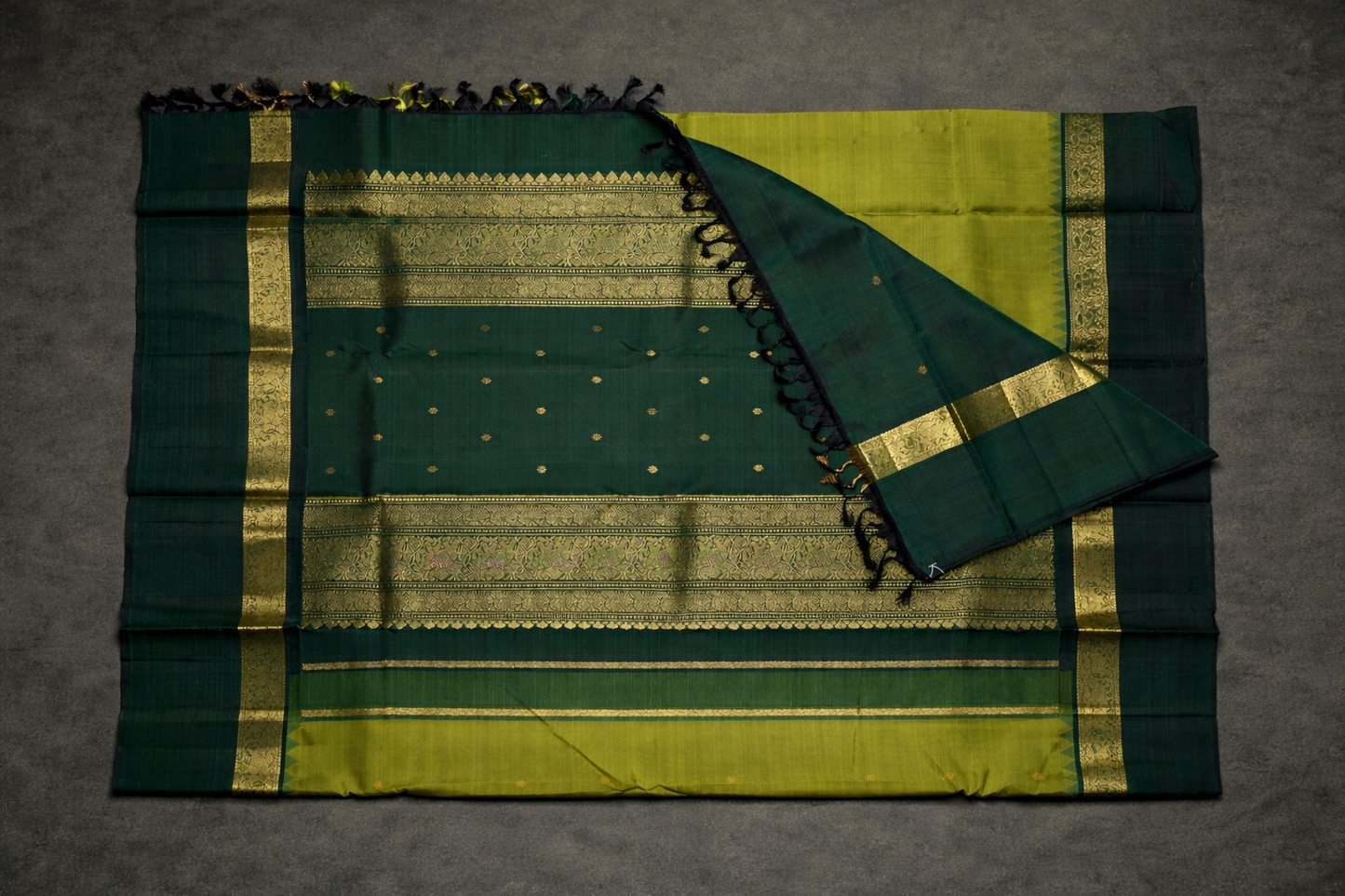Elegant Olive Green & Teal Silk Saree with Traditional Gold Zari Border