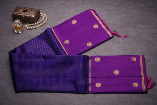 Royal Purple & Navy Blue Kanchipuram Silk Saree with Gold Zari Motifs