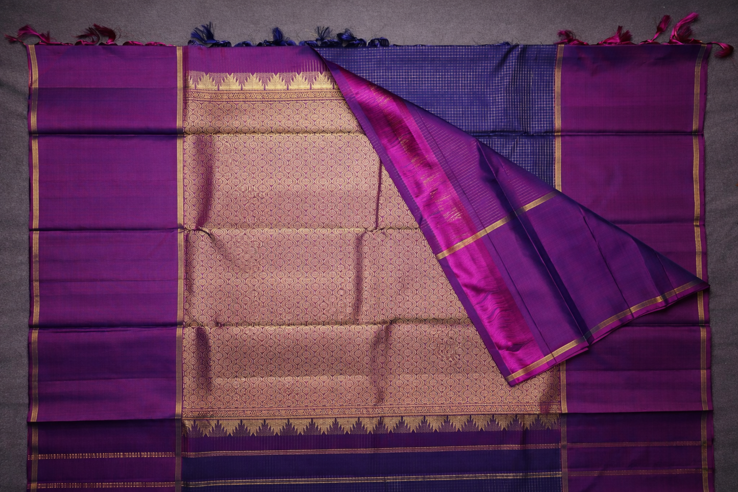Royal Purple & Navy Blue Kanchipuram Silk Saree with Gold Zari Motifs
