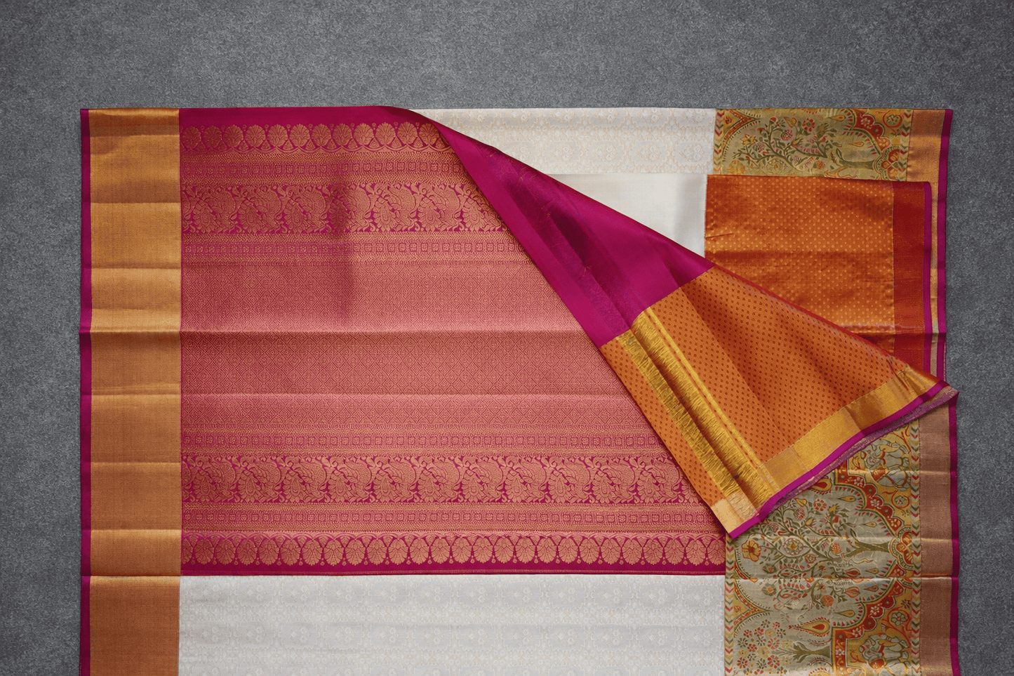 Elegant Ivory Silk Saree with Gold Zari Border & Floral Printed Pallu