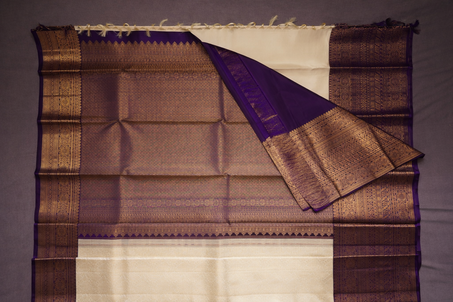 Elegant Cream & Royal Purple Traditional Silk Saree with Rich Zari Border