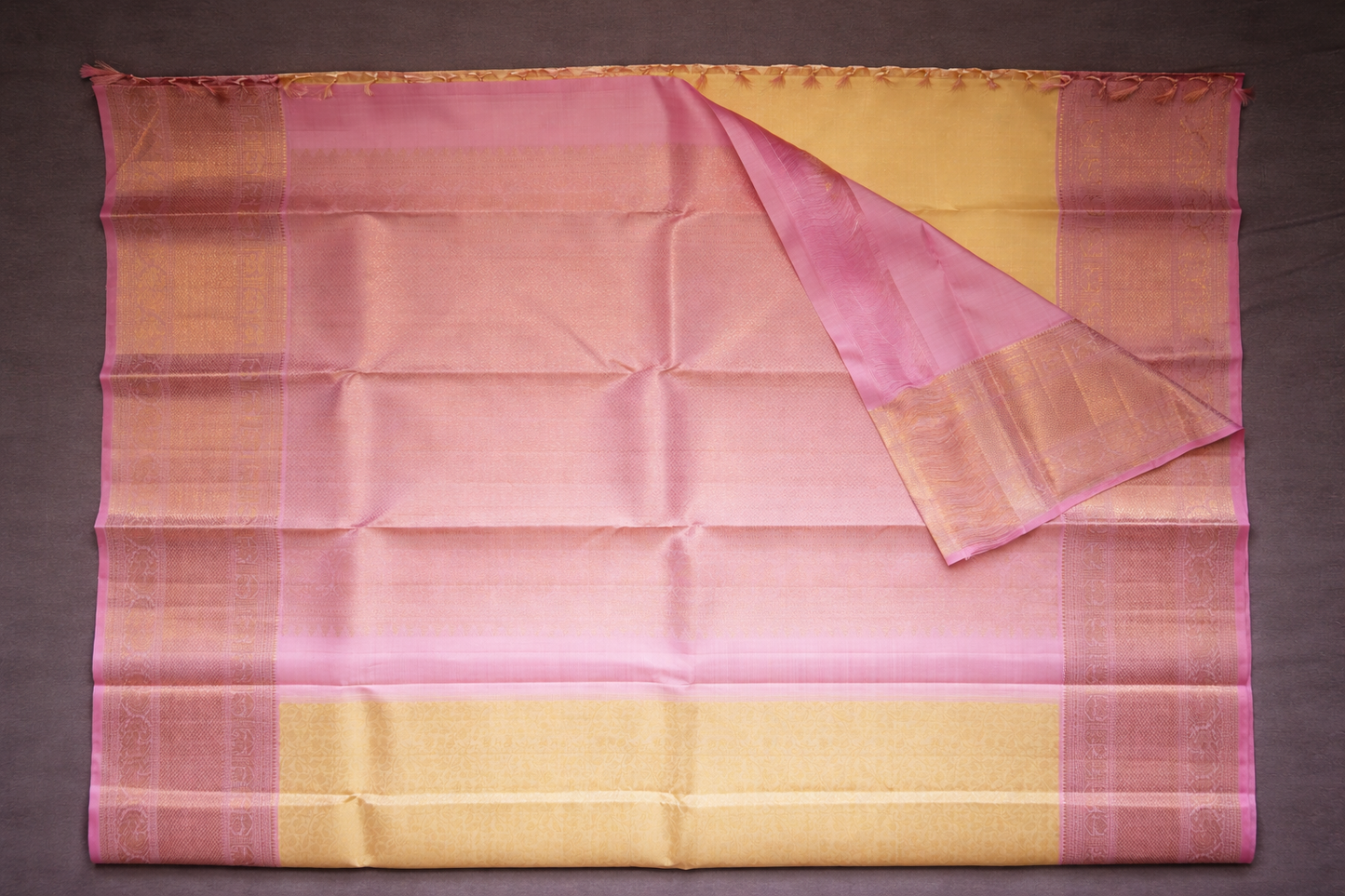 Elegant Golden Beige Silk Saree with Soft Pink Zari Border & Pallu