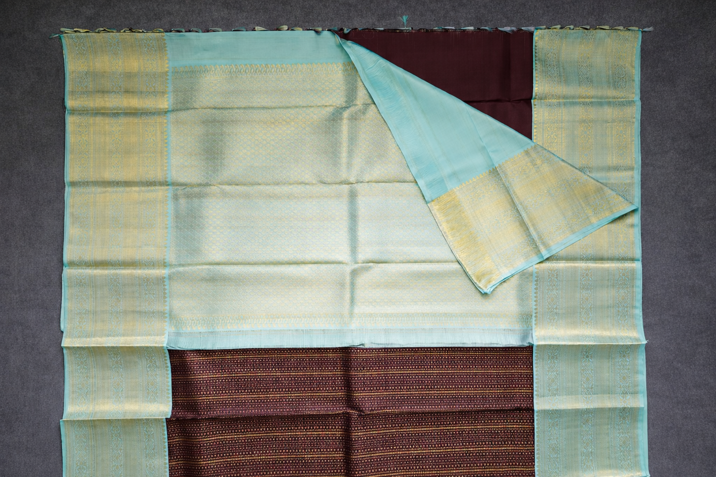 Elegant Maroon & Aqua Blue Silk Saree with Intricate Gold Zari Border