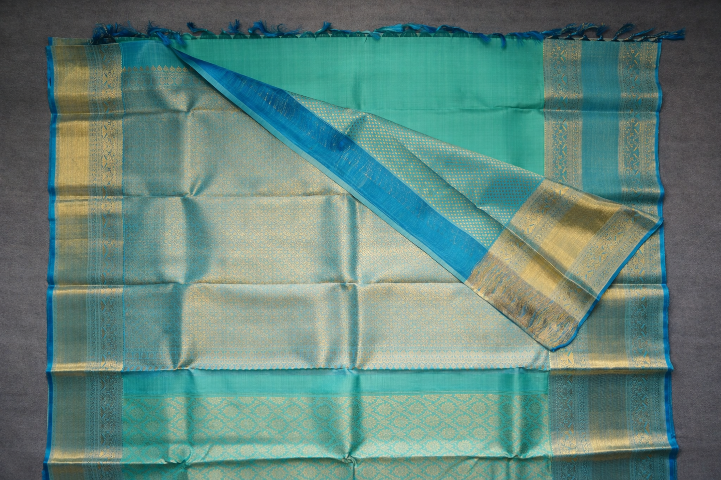 Elegant Teal Blue Silk Saree with Gold Zari Floral Weave