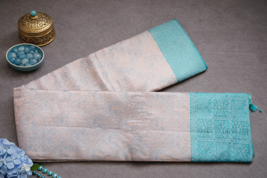 Elegant Peach & Aqua Blue Woven Silk Saree with Intricate Floral Motifs