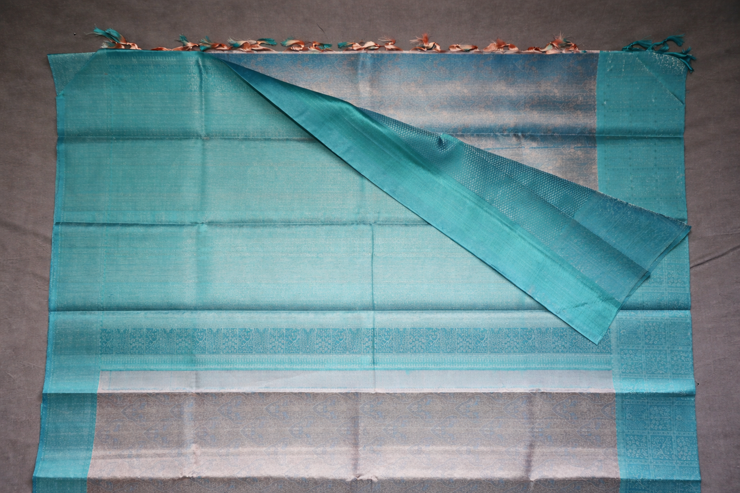 Elegant Peach & Aqua Blue Woven Silk Saree with Intricate Floral Motifs