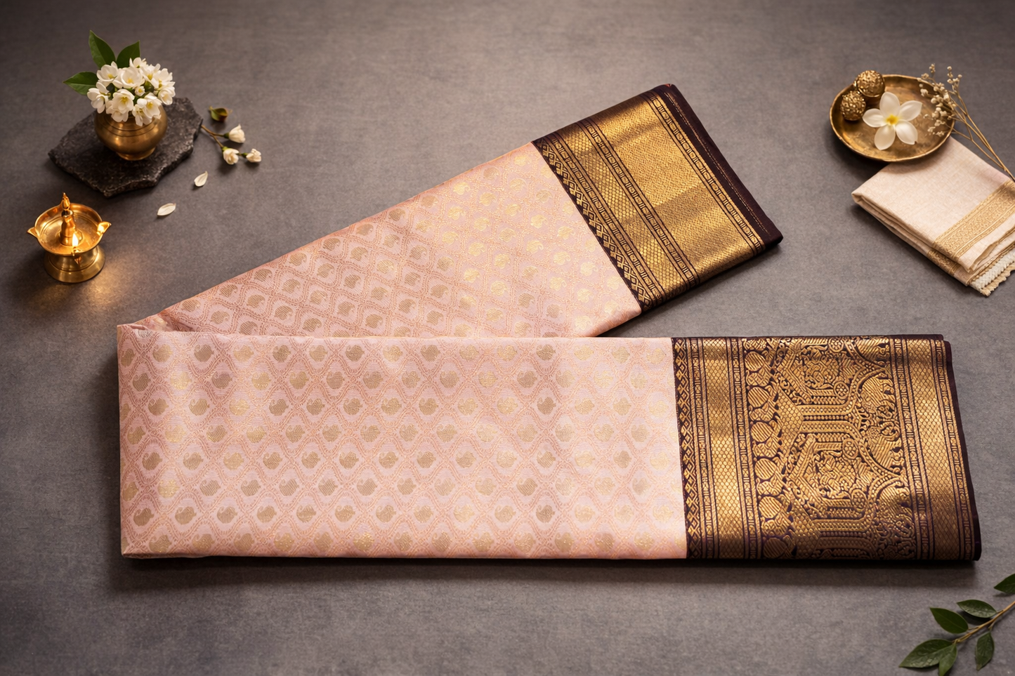 Elegant Blush Pink/Peach Traditional Zari Woven Silk Saree with Antique Gold Border