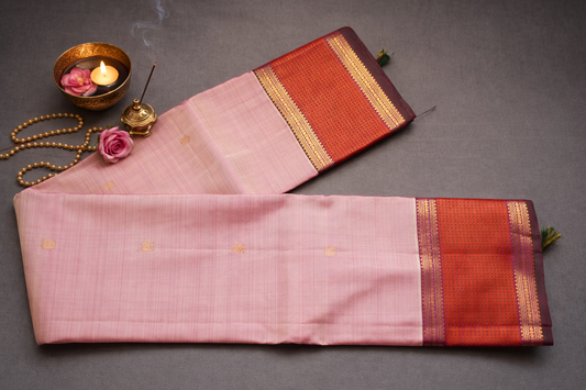Elegant Blush Pink Silk Saree with Rich Rust-Orange Zari Border