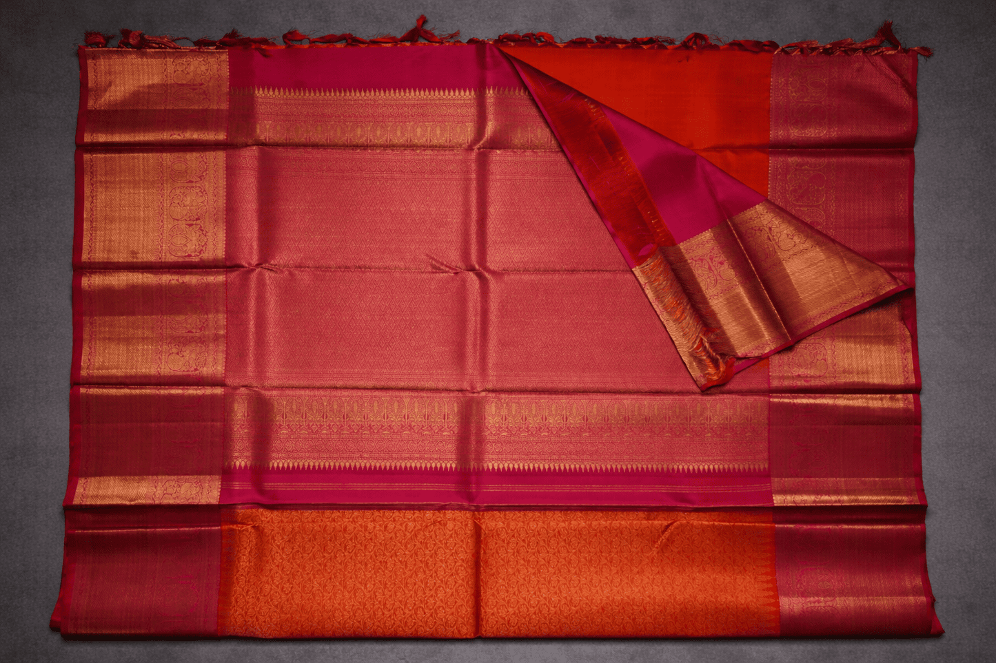 Radiant Rust Orange & Magenta Temple Silk Saree