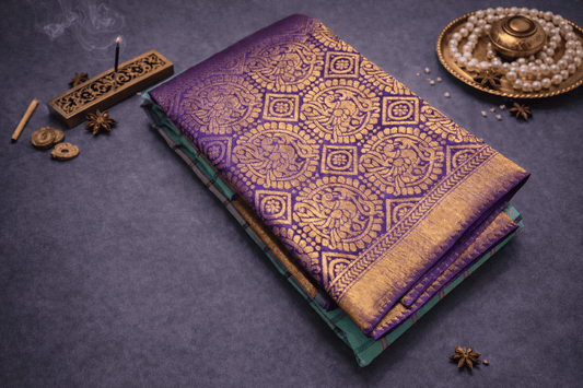 Turquoise Teal & Amethyst Purple Kanchipuram Silk