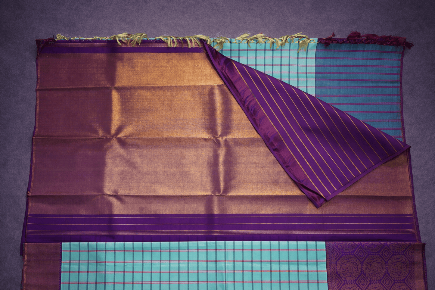 Turquoise Teal & Amethyst Purple Kanchipuram Silk