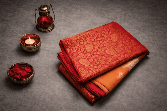 Royal Red & Orange Brocade Kanchi Silk Saree