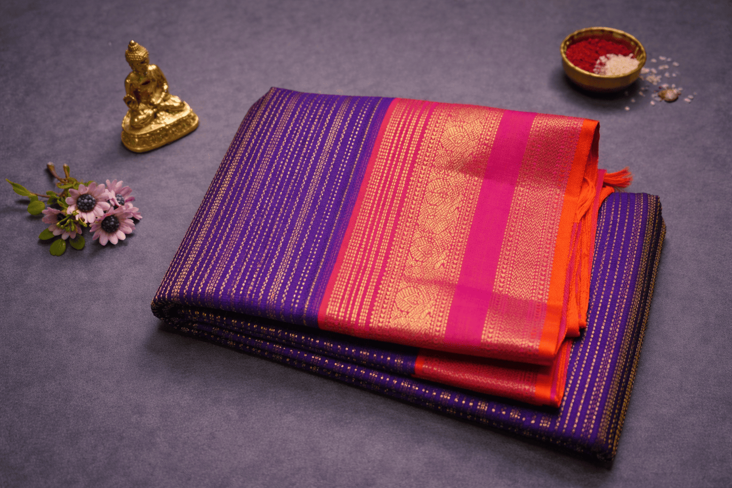 Royal Violet & Fuchsia Pink Silk Saree with Gilded Vertical Stripes