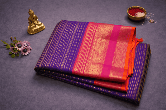 Royal Violet & Fuchsia Pink Silk Saree with Gilded Vertical Stripes