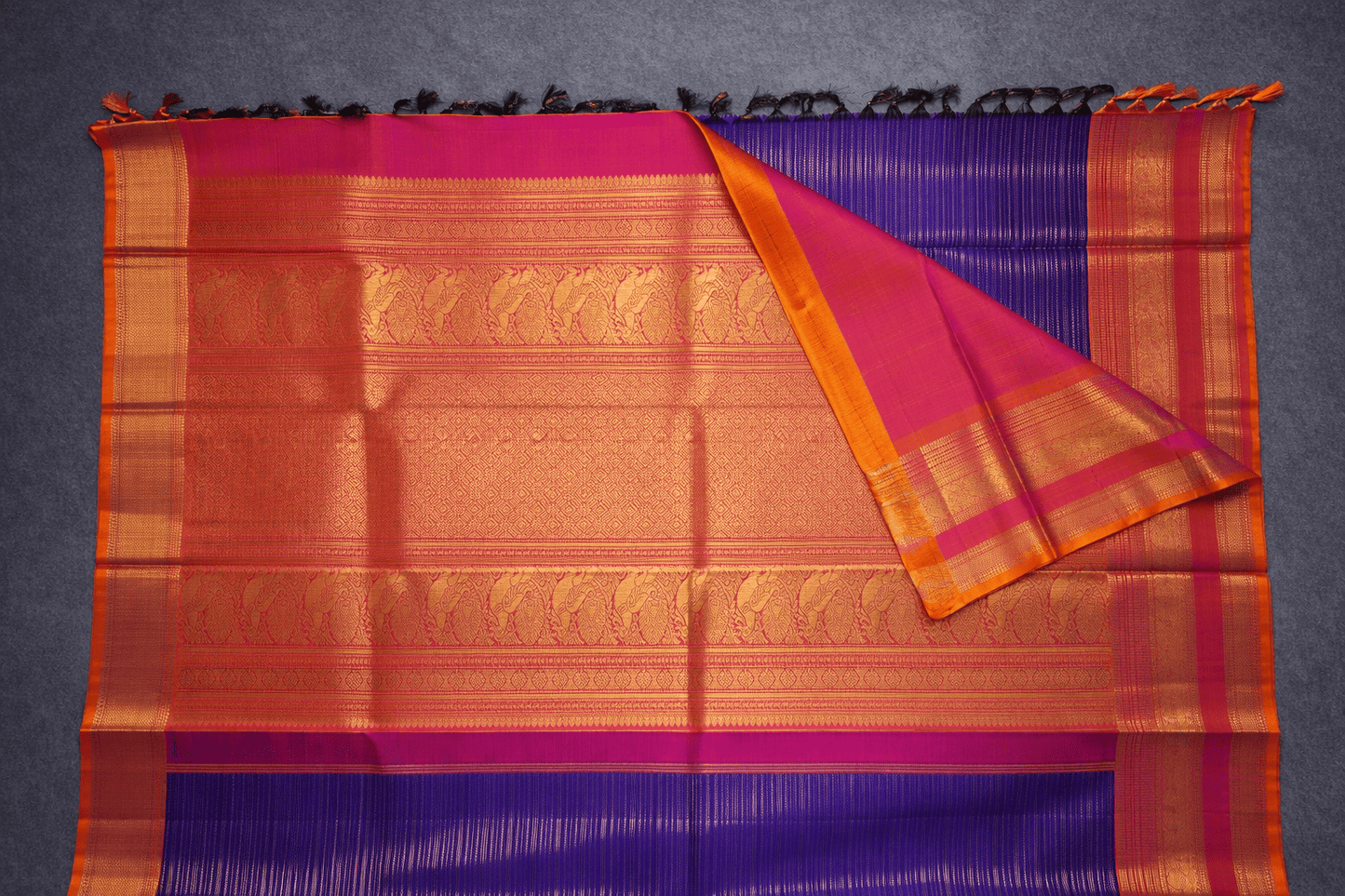 Royal Violet & Fuchsia Pink Silk Saree with Gilded Vertical Stripes