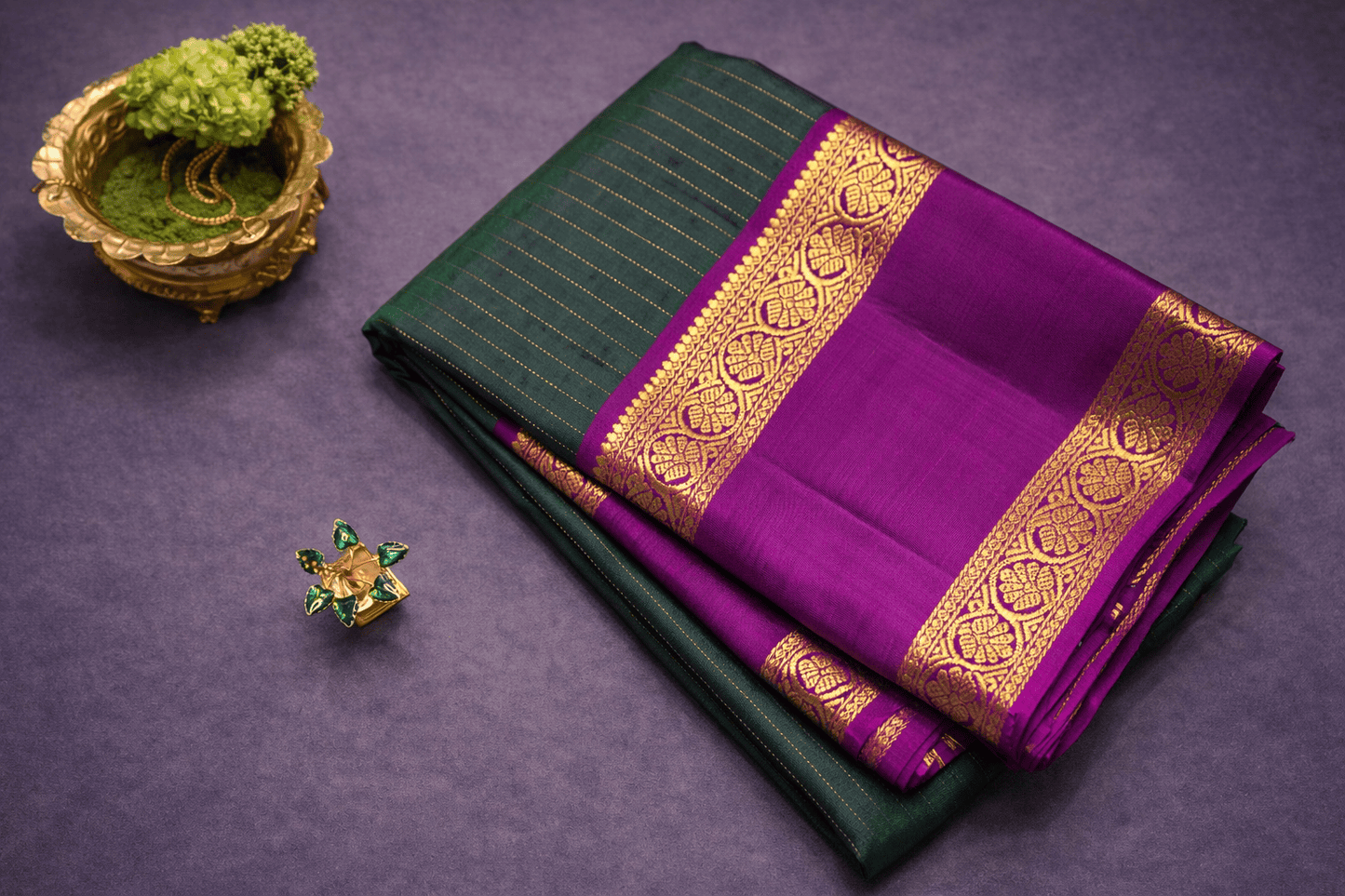 Royal Purple & Emerald Green Kanjivaram Silk Saree with Gold Zari Border
