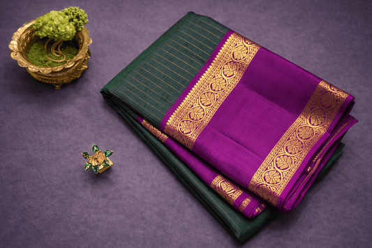 Royal Purple & Emerald Green Kanjivaram Silk Saree with Gold Zari Border