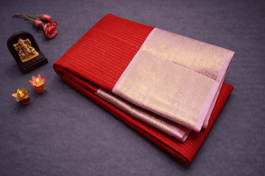 Classic Red & Blush Pink Kanjivaram Silk Saree with Gold Zari Border