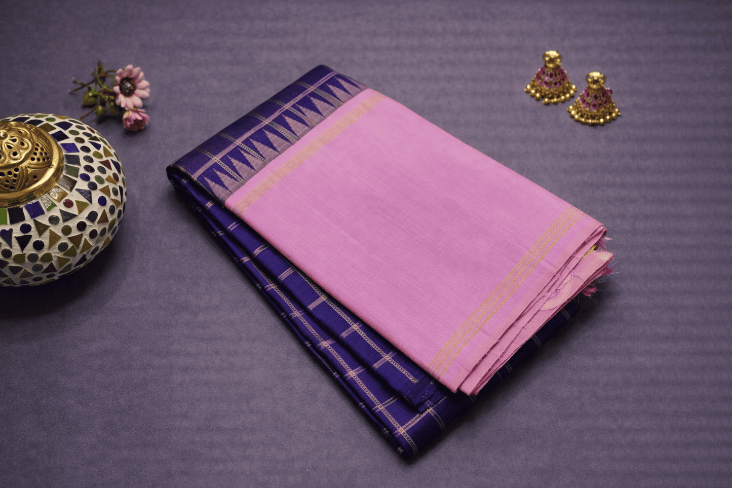 Royal Blue & Soft Pink Kanjivaram Silk Saree with Zari Checks