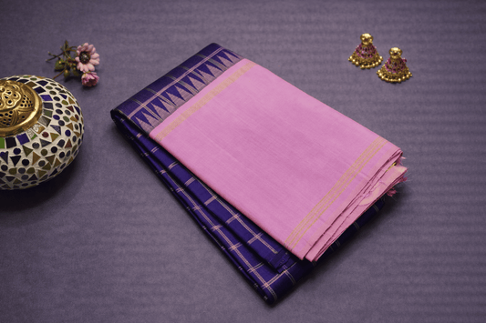 Royal Blue & Soft Pink Kanjivaram Silk Saree with Zari Checks