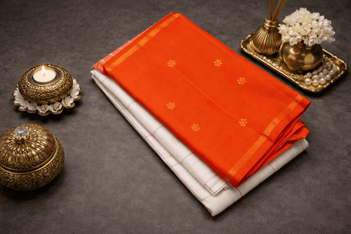 Ivory & Vibrant Orange Kanjivaram Silk Saree with Temple Border