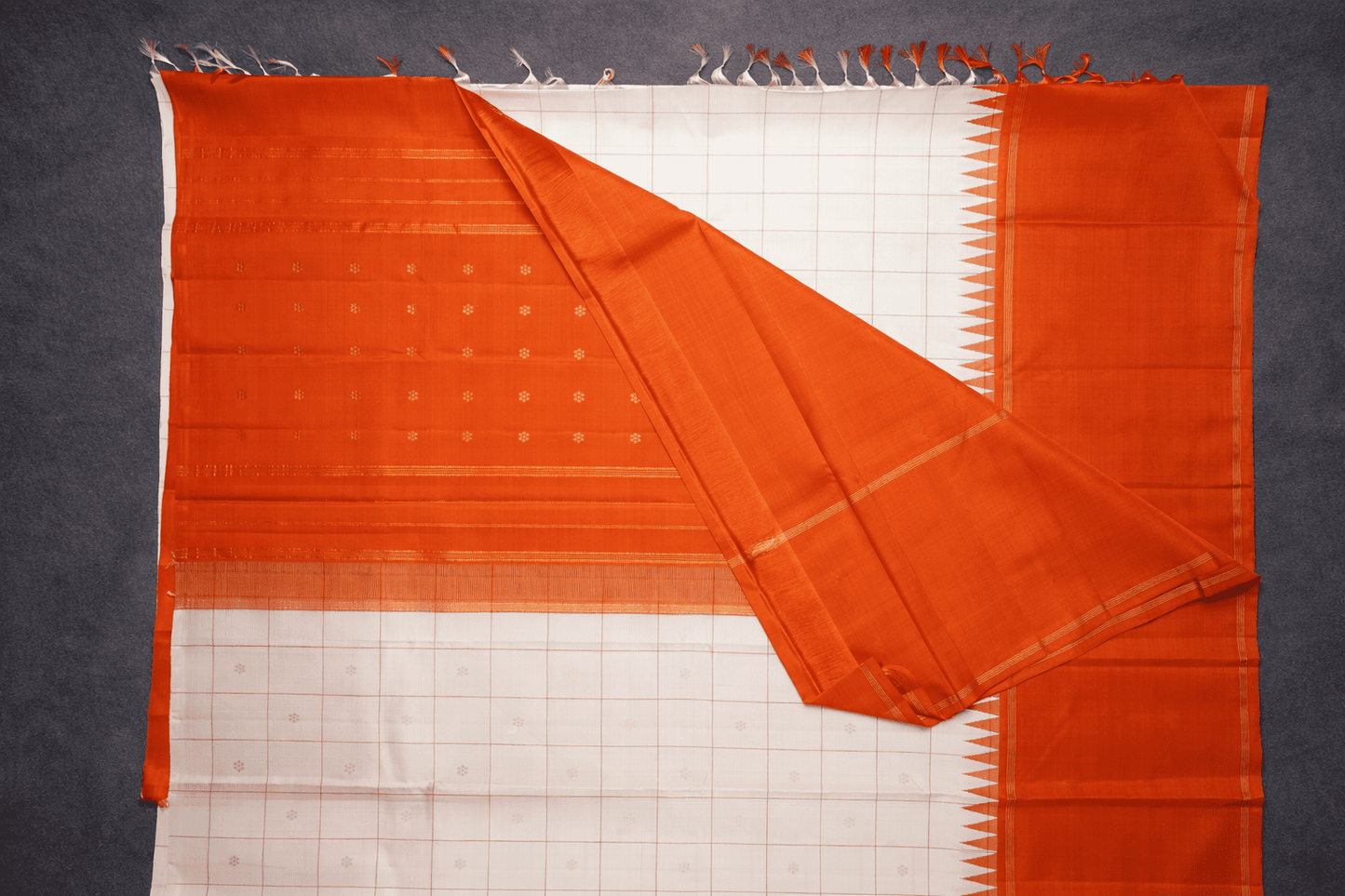 Ivory & Vibrant Orange Kanjivaram Silk Saree with Temple Border