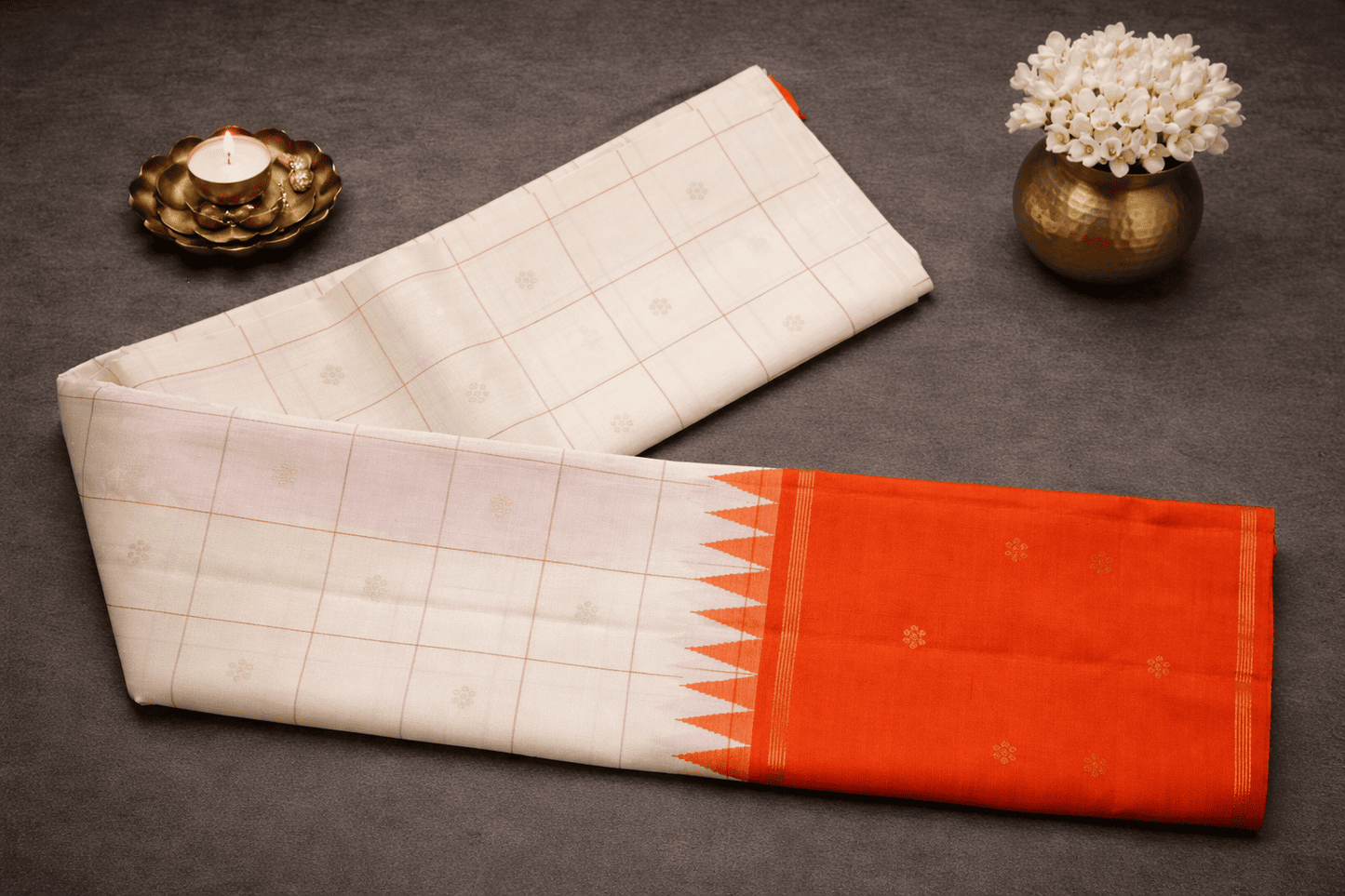 Ivory & Vibrant Orange Kanjivaram Silk Saree with Temple Border