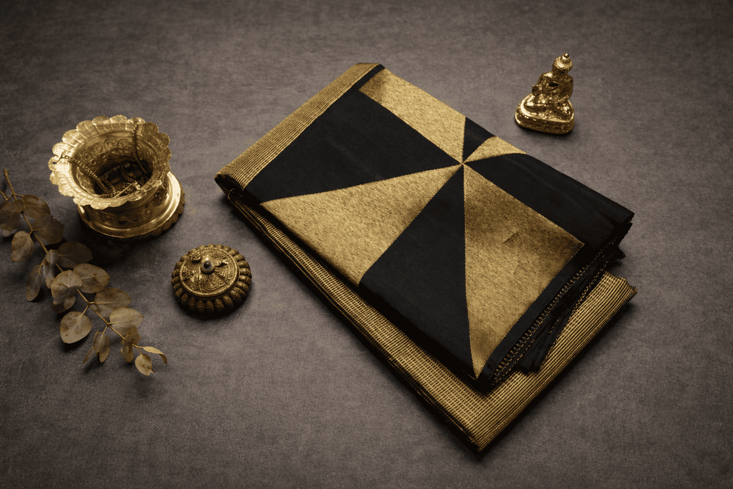 Classic Black & Antique Gold Kanjivaram Silk Saree with Geometric Zari Design