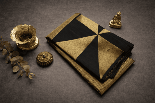 Classic Black & Antique Gold Kanjivaram Silk Saree with Geometric Zari Design