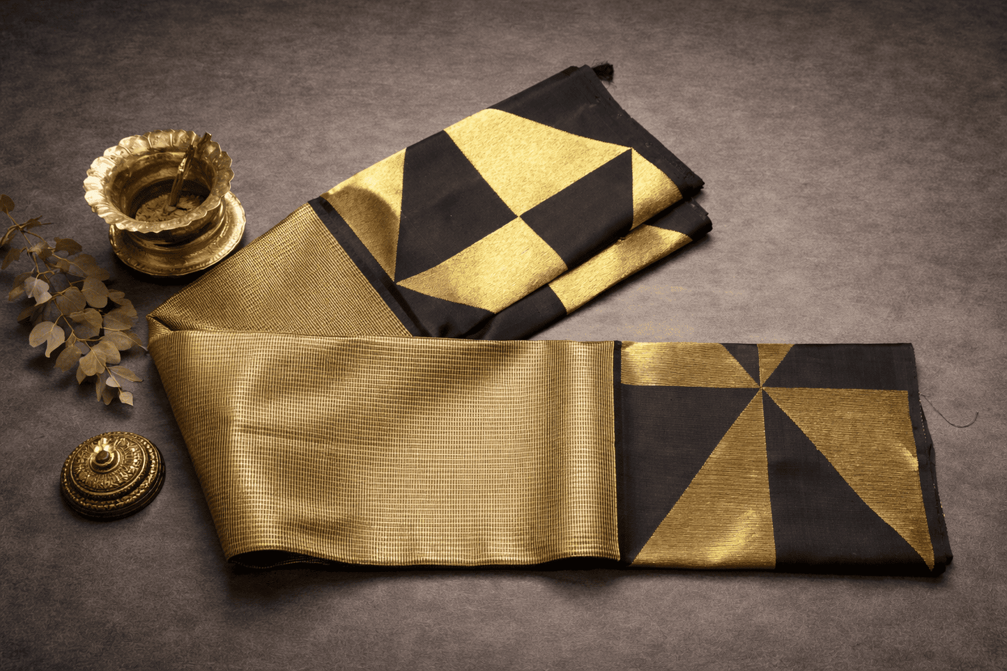 Classic Black & Antique Gold Kanjivaram Silk Saree with Geometric Zari Design