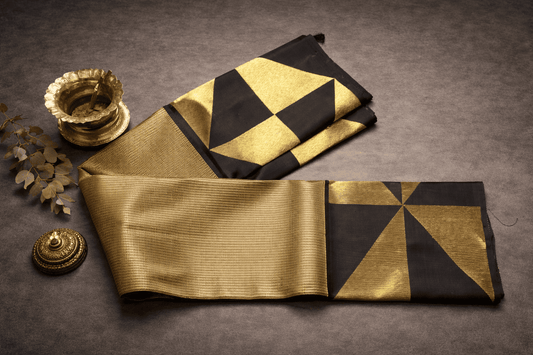 Classic Black & Antique Gold Kanjivaram Silk Saree with Geometric Zari Design