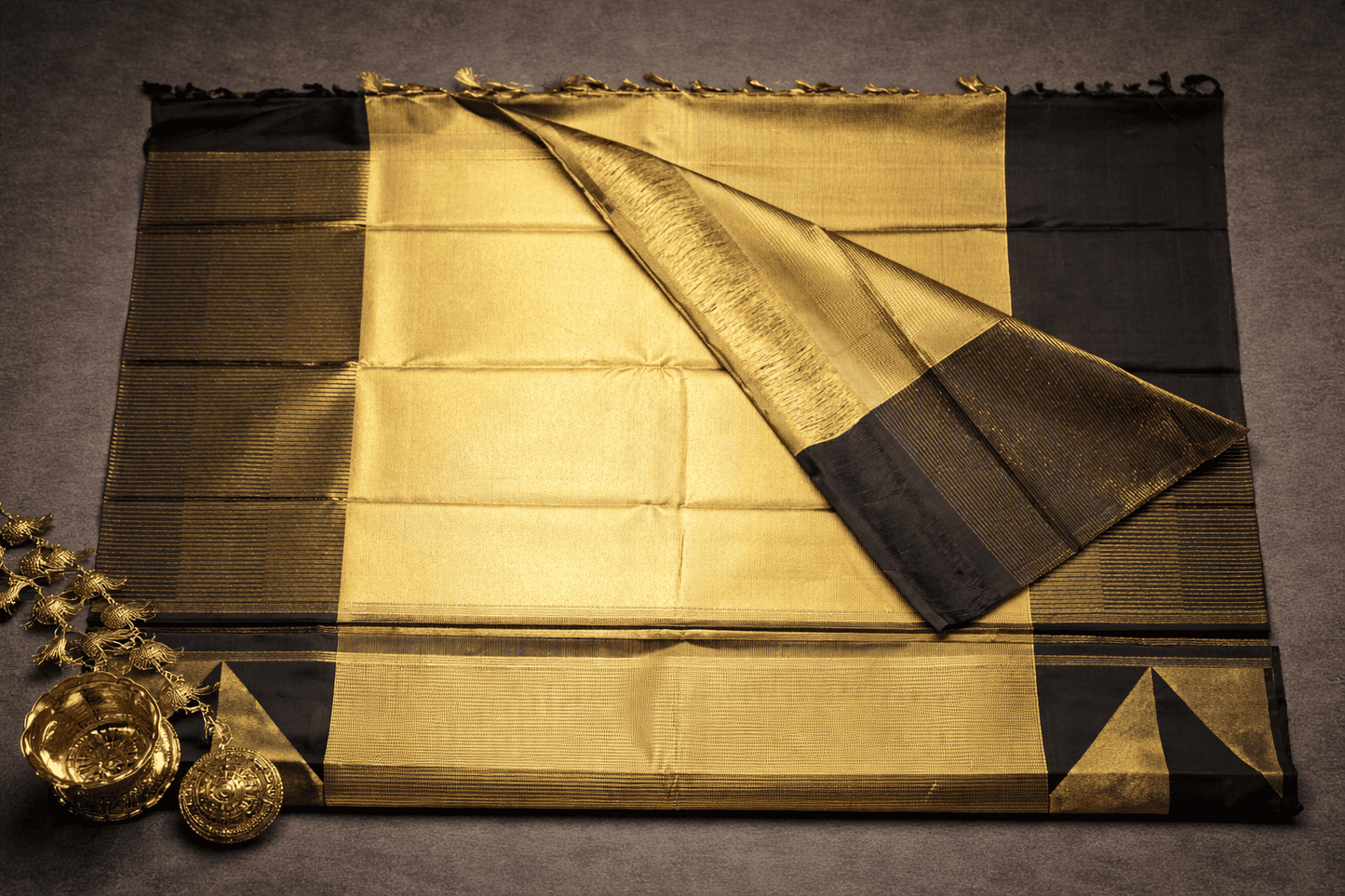 Classic Black & Antique Gold Kanjivaram Silk Saree with Geometric Zari Design