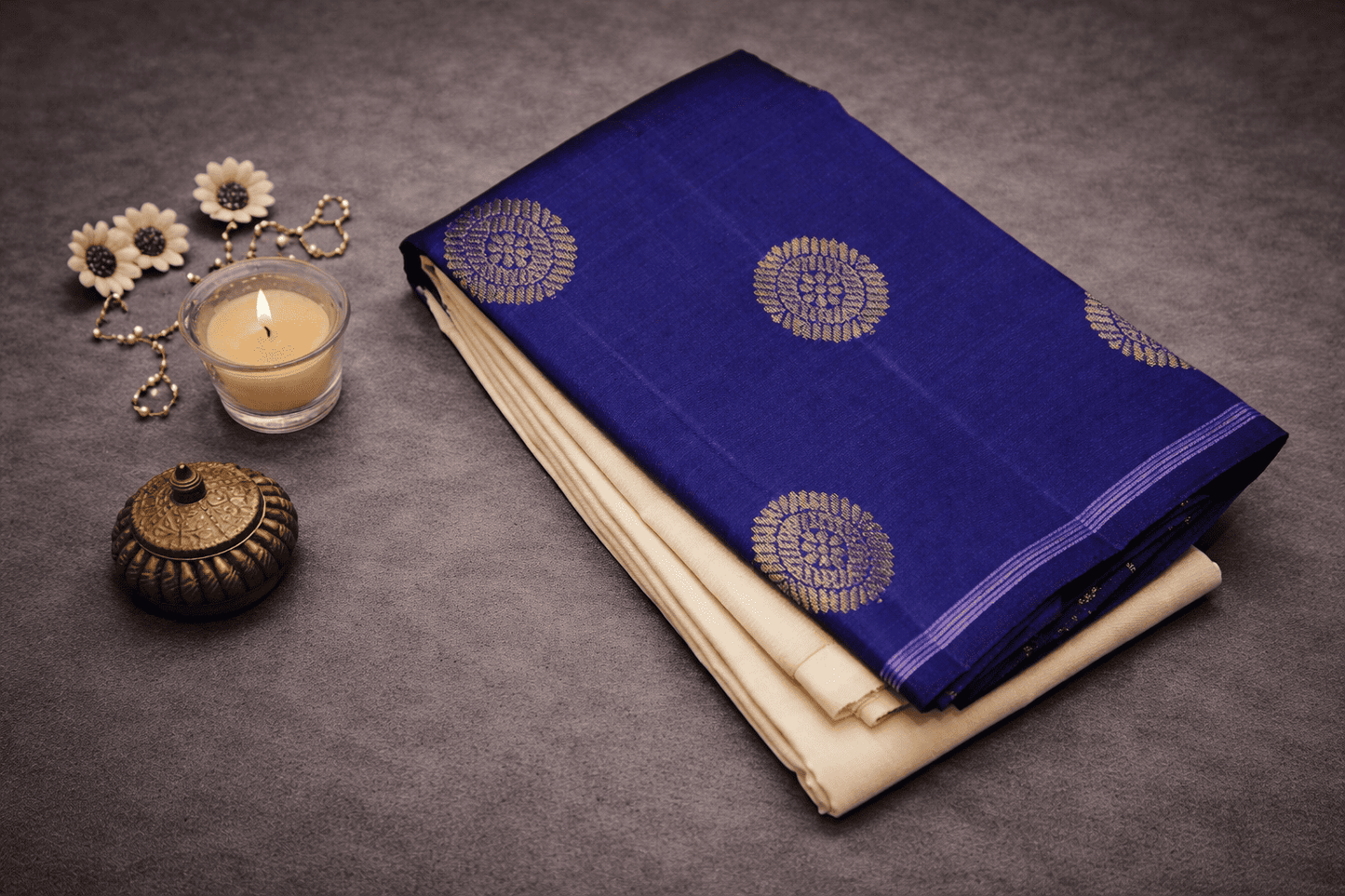 Elegant Cream & Royal Blue Silk Saree with Gold Zari Motifs