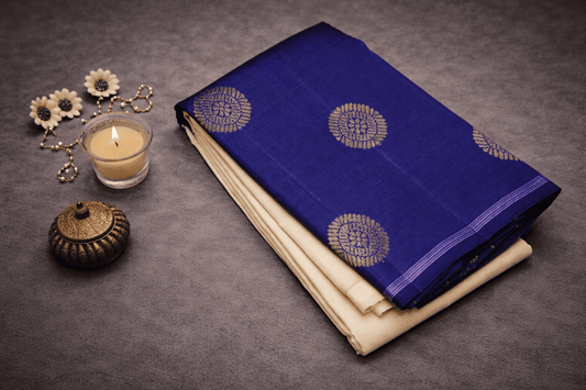 Elegant Cream & Royal Blue Silk Saree with Gold Zari Motifs