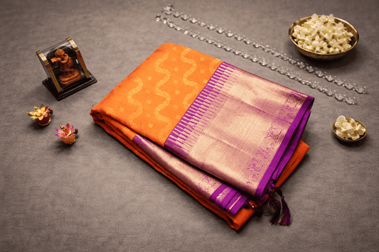 Vibrant Orange & Royal Purple Silk Saree with Gold Zari Weaving